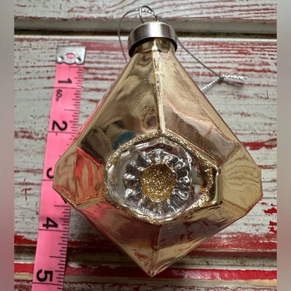 {Crate & Barrel} Gemstone Shaped Mercury Gold Glass Ornament approx 5'